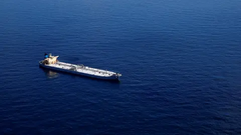The oil tanker Karvounis lies at anchor stranded off the coast of Louisiana