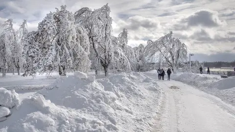 Visitors walk at a frozen Niagara Falls in views from Stedman