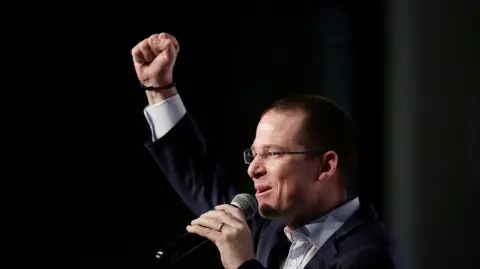 Ricardo Anaya, presidential candidate for the PAN addresses the audience during a meeting with business people in Monterrey