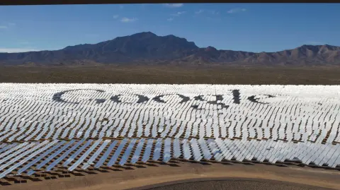 FILE PHOTO: The Google logo is spelled out in heliostats during a tour of the Ivanpah Solar Electric Generating System in the Mojave Desert near the California-Nevada border