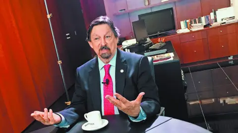 Head of miners union and Senator Napoleon Gomez Urrutia speaks during an interview with Reuters at his office in Mexico City