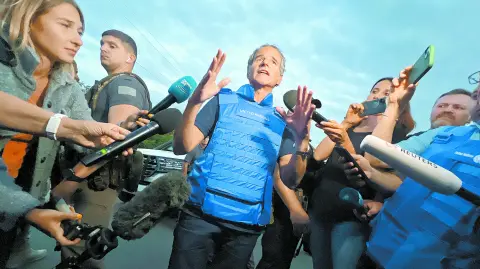 IAEA Director General Grossi speaks with journalists after he and part of the International Atomic Energy Agency (IAEA) mission came back from Zaporizhzhia nuclear power plant at Ukrainian checkpoint in Zaporizhzhia region