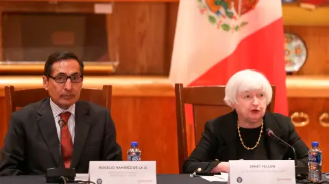 Rogelio Ramírez de la O, secretario de Hacienda y Janet Yellen secretaria del Tesoro de Estados Unidos. Foto: Hugo Salazar