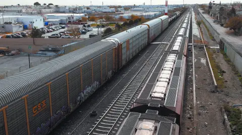 Stranded freight trains are seen at a railroad yard, in Ciudad Juarez
