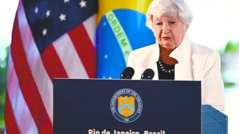 Janet Yellen, secretaria del Tesoro estadounidense, en conferencia de prensa en Rio de Janeiro.  Foto: AFP