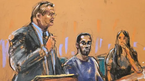 Sean " Diddy " Combs se sienta entre sus abogados defensores Marc Agnifilo y Teny Geragos.