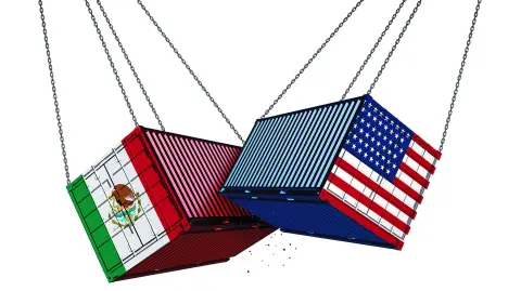 Mexico US trade war and American tariffs as two opposing cargo freight containers in conflict as an economic dispute over import and export taxes concept as a 3D illustration.
