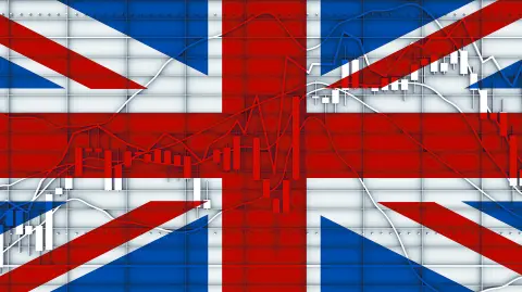 Forex candlestick pattern. Trading chart concept. Financial market chart. 3D rendering. Flag of the United Kingdom