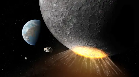 Una representación artística sin fecha muestra un asteroide o un cometa que impactó cerca del polo sur de la Luna hace unos 3.800 millones de años, un impacto que excavó dos grandes cráteres
