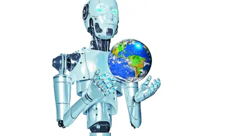 Artificial intelligence Robot Holding planet Earth isolated on white background with clipping path, 3d rendering, Elements of this image furnished by NASA