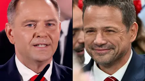 (COMBO) This combination created of pictures taken in Warsaw on June 1, 2025 shows the 2025 Polish presidential election candidates, Karol Nawrocki (L), supported by Poland's right-wing Law and Justice (PiS) party, as he addresses supporters as exit polls were announced during their election night event at the Mala Warszawa Theatre, during the second round of the presidential elections, and Rafal Trzaskowski (R), Warsaw's Mayor and member of ruling centrist Civic Coalition party, greeting supporters during the election night event at the the National Museum of Ethnography. The centrist and nationalist candidates vying for the Polish presidency were neck and neck, an exit poll showed on June 1, each predicting victory in a vote with major implications for Poland's pro-EU government. (Photo by Wojtek RADWANSKI and Sergei GAPON / AFP)