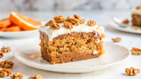 A slice of carrot cake with cream cheese frosting and pecans on a white plate.