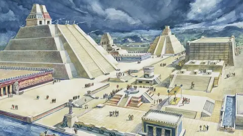 Ilustración del Templo Mayor de Tenochtitlan.