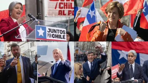 De derecha a izquierda: Jeannette Jara, Evelyn Matthei, Johannes Kaiser, José Antonio Kast, Franco Parisi y Marco Enriquez-Ominami.