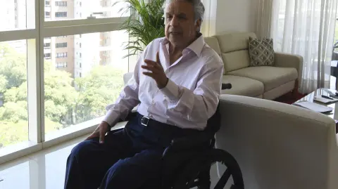 Fomer Ecuadoran President (2017- 2021) and Commissioner for Disability Affairs of the Secretary General of the OAS, Lenin Moreno Garces, speaks during an interview with AFP in Asuncion on February 8, 2022. Moreno settled in Paraguay hired by the OAS to promote and defend policies for disabled people in the southern region of South America. (Photo by NORBERTO DUARTE / AFP)