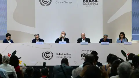 (2nd L to R) Brazil's Secretary for Climate, Energy and Environment at the Foreign Ministry Mauricio Lyrio; COP30 President Andre Correa do Lago; Brazil's Vice President and Minister of Industry and Trade Geraldo Alckmin; Brazil's Environment Minister Marina Silva; and COP30 CEO Ana Toni give a press conference during the COP30 UN Climate Change Conference in Belem, Para state, Brazil, on November 17, 2025. The UN's climate chief urged ministers on Monday to avoid any "stonewalling" and speed up negotiations at COP30 talks in Brazil, with nations divided on key issues with five days left in the gathering. (Photo by Pablo PORCIUNCULA / AFP)