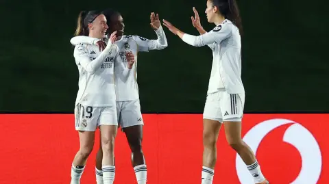 Soccer Football - UEFA Women's Champions League - Real Madrid v VfL Wolfsburg - Estadio Alfredo Di Stefano, Madrid, Spain - December 9, 2025 Real Madrid's Linda Caicedo celebrates scoring their second goal with Real Madrid's Eva Navarro REUTERS/Susana Vera