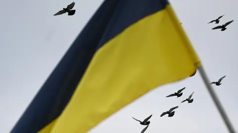 Birds fly in the sky over Ukrainian flag at the Lychakiv cemetery on the Day of the Armed Forces of Ukraine in Lviv on December 6, 2025, amid the Russian invasion of Ukraine. (Photo by YURIY DYACHYSHYN / AFP)
