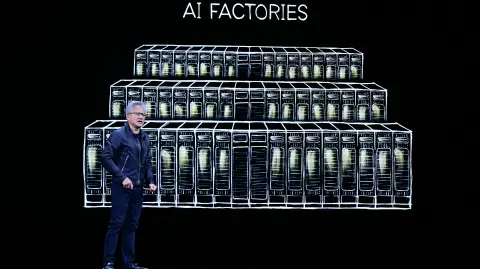 NVIDIA CEO Jensen Huang speaks during the Live Keynote Pregame during the Nvidia GTC (GPU Technology Conference) in Washington, DC, on October 28, 2025. (Photo by Jim WATSON / AFP)