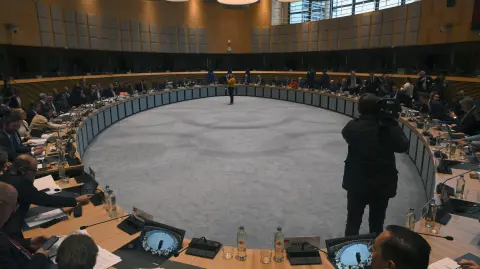 EU Agriculture ministers sit during a meeting on Mercosur agreement at the European Commission in Brussels on January 7, 2026. (Photo by Nicolas TUCAT / AFP)