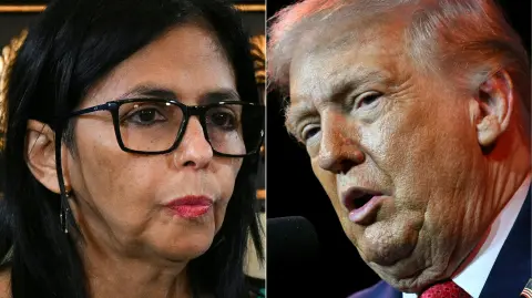 (COMBO) This combination of pictures created on January 08, 2026 shows, L/R, Venezuela's Vice-President Delcy Rodriguez in Caracas on January 5, 2026 and US President Donald Trump in Washington, DC, on January 6, 2026. The relationship between Venezuela and the United States has been tarnished following the attack and capture of President Nicolás Maduro, the country's new leader, Delcy Rodríguez, said on January 7, 2026. However, she agreed to negotiate oil sales with Washington. (Photo by Federico PARRA and Mandel NGAN / AFP)