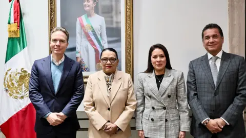 Karen Castrejón, Manuel Velasco y Carlos Puente, integrantes de la dirigencia nacional pevemista, se reunieron en privado con Rosa Icela Rodríguez.