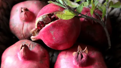 top view ripe pomegranates with a branch from a tree