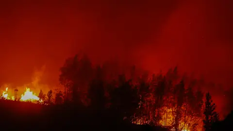 Flames and burning vegetation are seen during a wildfire in the town of Florida near the city of Concepción, Chile, on January 20, 2026. Residents of southern Chile, ravaged by four days of deadly wildfires, pleaded for help on January 20 from communities reduced to rubble, as smoke lingered and firefighters braced for the return of hot weather. (Photo by Raul BRAVO / AFP)