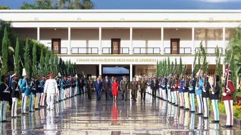 This handout picture released by the Venezuelan Presidency shows Venezuelas interim president Delcy Rodriguez (C) speaking next to Minister of Interior Diosdado Cabello (L), National Assembly president Jorge Rodriguez (C-L), and Minister of Defense Vladimir Padrino Lopez (C-R) walking during an act of loyalty, recognition, and oath-taking by the Bolivarian National Armed Forces at the Military Academy of the Bolivarian Army, part of the Fuerte Tiuna military complex in Caracas on January 28, 2026. Venezuelan soldiers and police officers on January 28, swore loyalty and absolute subordination to interim president Delcy Rodriguez, after the fall of President Nicolas Maduro earlier this month during a US incursion. (Photo by DANIELA MILLAN / Venezuelan Presidency / AFP) / RESTRICTED TO EDITORIAL USE - MANDATORY CREDIT "AFP PHOTO /  VENEZUELAN PRESIDENCY / DANIELA MILLAN /  " - NO MARKETING NO ADVERTISING CAMPAIGNS - DISTRIBUTED AS A SERVICE TO CLIENTS