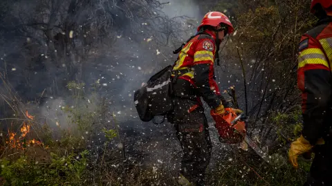 Un bombero trabaja para extinguir un incendio forestal en las montañas de la zona rural de Epuyén, en la región patagónica de la provincia de Chubut, Argentina, el 2 de febrero de 2026. El 29 de enero de 2026, el gobierno argentino declaró la emergencia en la Patagonia, donde los incendios forestales han arrasado vastas extensiones de bosque desde el inicio del verano austral.