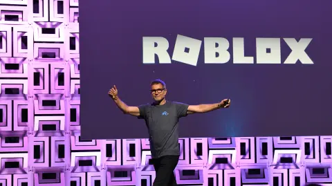 BURLINGAME, CALIFORNIA - AUGUST 10: David Baszucki, founder and CEO of Roblox, presents at the Roblox Developer Conference on August 10, 2019 in Burlingame, California.   Ian Tuttle/Getty Images for Roblox/AFP (Photo by Ian Tuttle / GETTY IMAGES NORTH AMERICA / Getty Images via AFP)