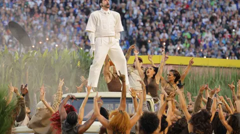 Super Bowl LX - Half-Time Show - New England Patriots v Seattle Seahawks - Levi's Stadium, Santa Clara, California, United States - February 8, 2026 Bad Bunny performs during the halftime show REUTERS/Mike Blake