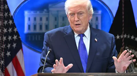 US President Donald Trump speaks during a press conference in the Brady Press Briefing Room of the White House in Washington, DC, on February 20, 2026. US President Donald Trump will hold a press conference Friday to discuss the Supreme Court's ruling against a major part of his tariffs, spokeswoman Karoline Leavitt said. (Photo by Mandel NGAN / AFP)