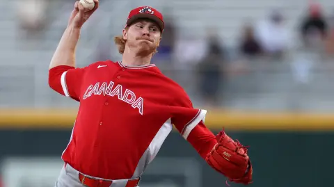 SAN JUAN, PUERTO RICO - MARCH 11: Eric Cerantola #61 of Team Canada delivers a pitch against the Team Cuba in the ninth inning during the 2026 World Baseball Classic at Hiram Bithorn Stadium on March 11, 2026 in San Juan, Puerto Rico.   Al Bello/Getty Images/AFP (Photo by AL BELLO / GETTY IMAGES NORTH AMERICA / Getty Images via AFP)