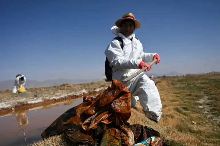 Voluntarios participan en una campaña para limpiar las orillas del lago Uru Uru, en Oruro, Bolivia.