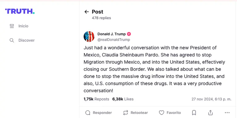 Mensaje de Donald Trump tras la conversación con la presidenta Claudia Sheinbaum.