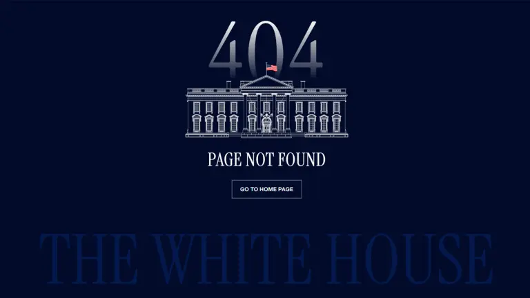 Alacceder a la página web de la Casa Blanca en español aparece un error de "página no encontrada", acompañado de un acceso directo a la versión en inglés.