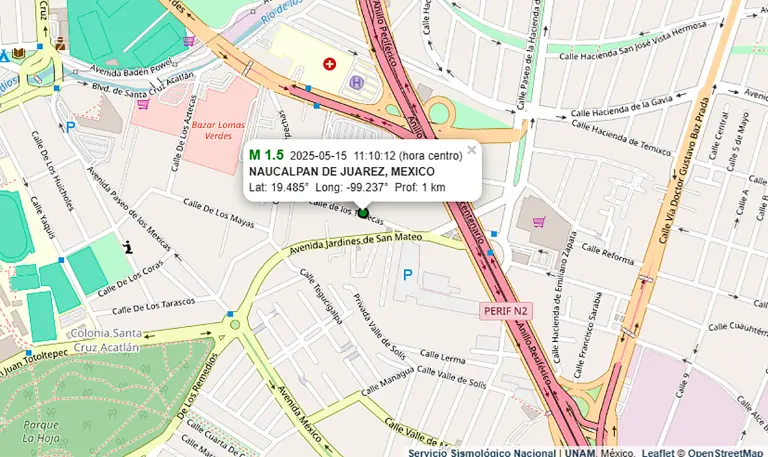 Mapa que muestra el epicentro del microsismo detectado a las 11:10 horas del jueves 15 de mayo en Naucalpan de Juárez.
