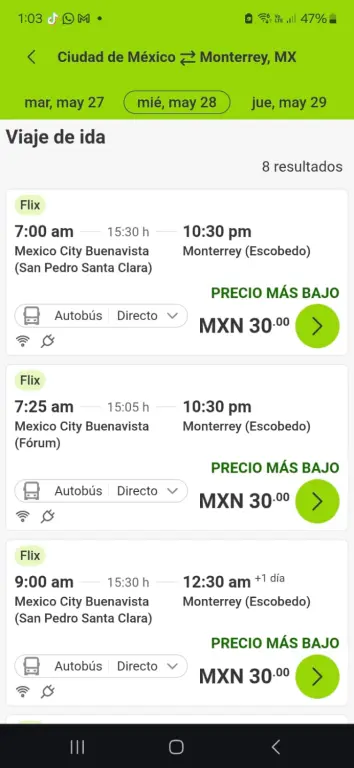 Captura de pantalla de la app de FlixBus con la venta de boletos a 30 pesos.