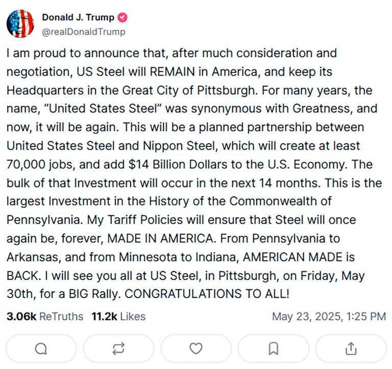 Mensaje de Trump en Truth Social sobre la oferta de Nippon Steel por U.S. Steel.