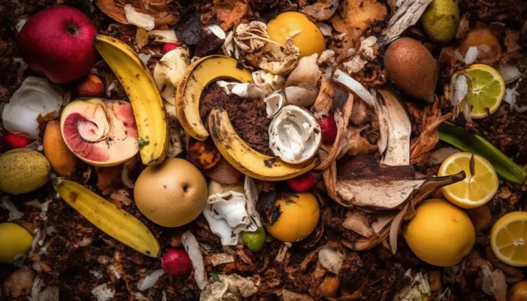 A variety of healthy fruits and vegetables in a colorful heap generated by artificial intelligence