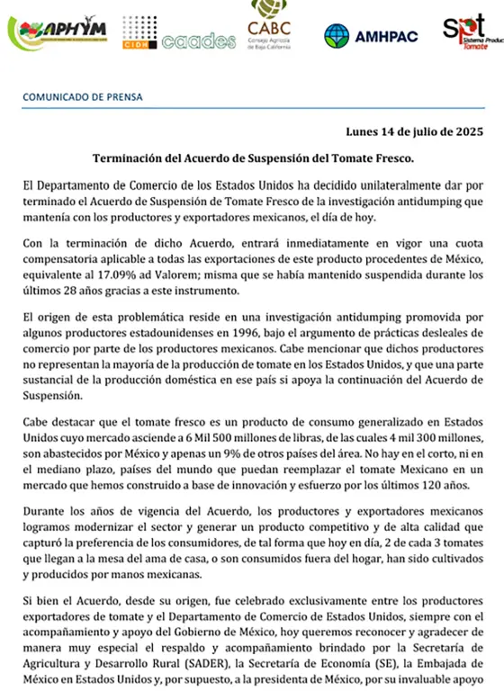Posicionamiento de agricultores de tomate mexicano.