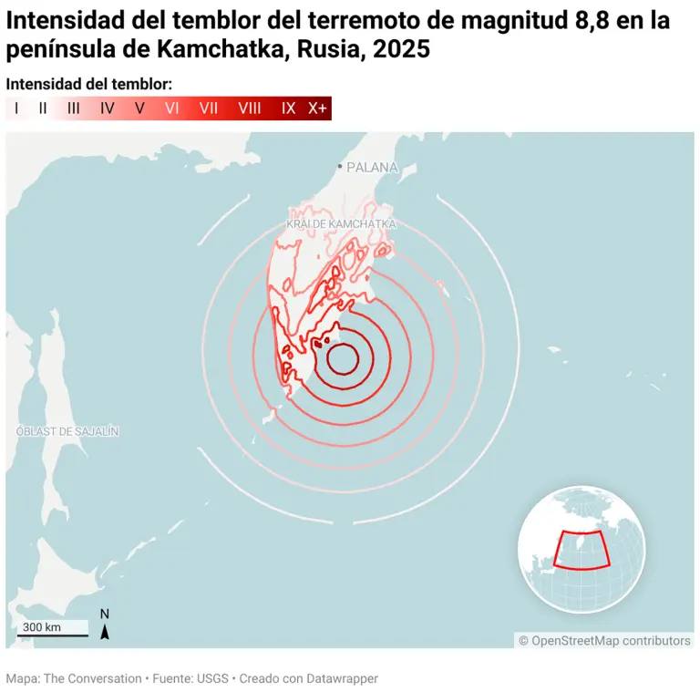 Intensidad del temblor registrado en Kamchatka, Rusia, el 29 de julio de 2025.