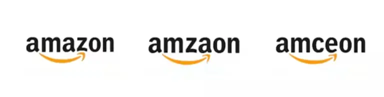 Ejemplos del logo de amazon escritos correcta e incorrectamente. Basada en una figura del artículo 'Are brand names special words? Letter visual-similarity affects the identification of brand names, but not common words.' British Journal of Psychology. Perea et al., 2022.